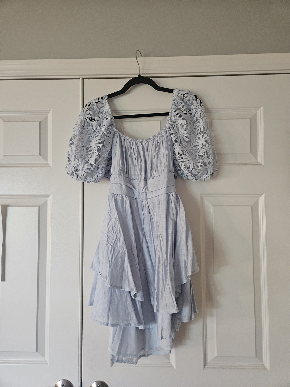 Selfie Leslie Abby Lace Puff Sleeve Tie-Up Back Dress Steel Blue